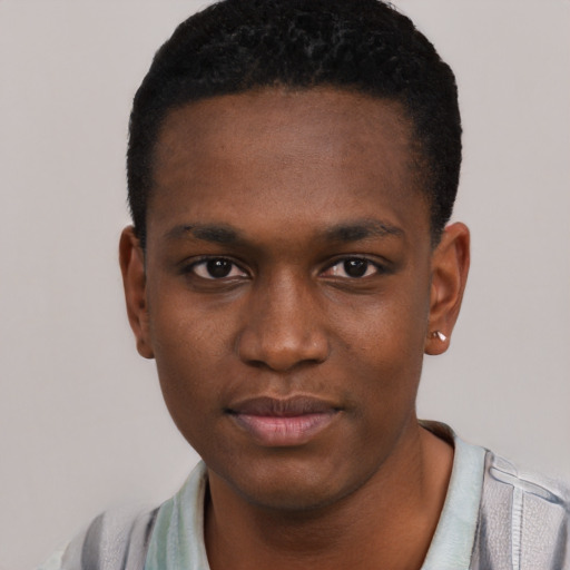 Neutral black young-adult male with short  black hair and brown eyes