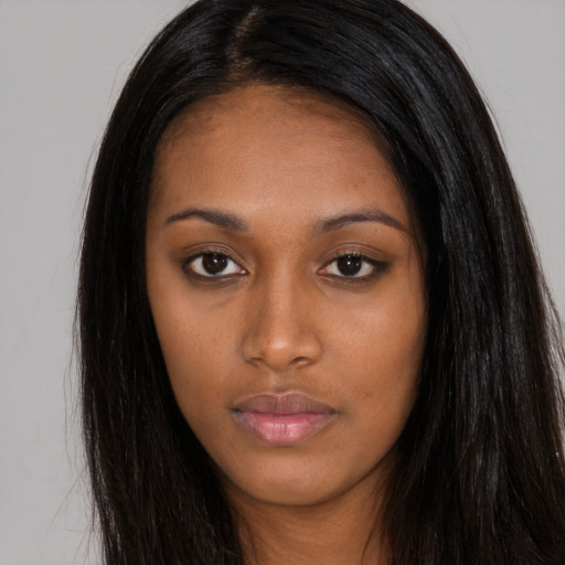Neutral asian young-adult female with long  brown hair and brown eyes