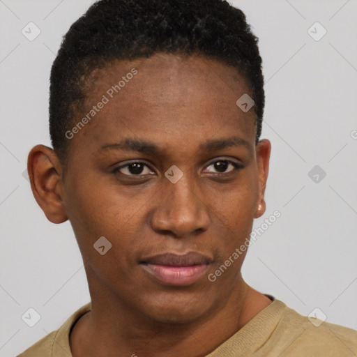 Neutral black young-adult female with short  brown hair and brown eyes