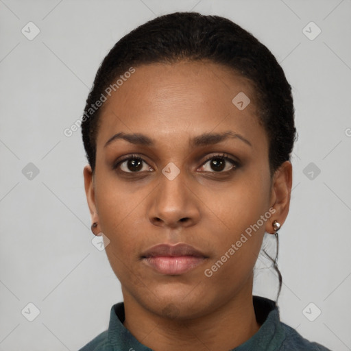 Neutral black young-adult female with short  black hair and brown eyes