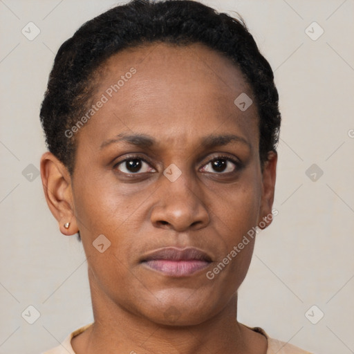 Neutral black young-adult female with short  brown hair and brown eyes