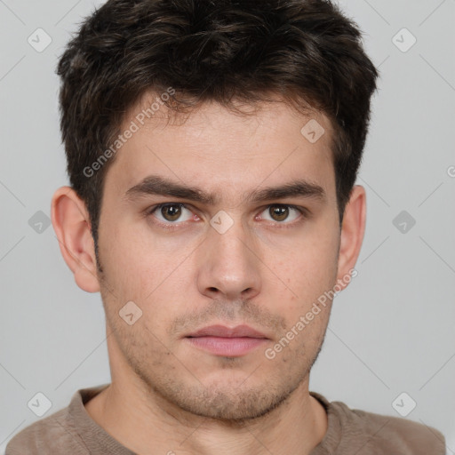 Neutral white young-adult male with short  brown hair and brown eyes