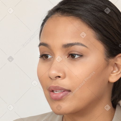 Neutral latino young-adult female with long  brown hair and brown eyes