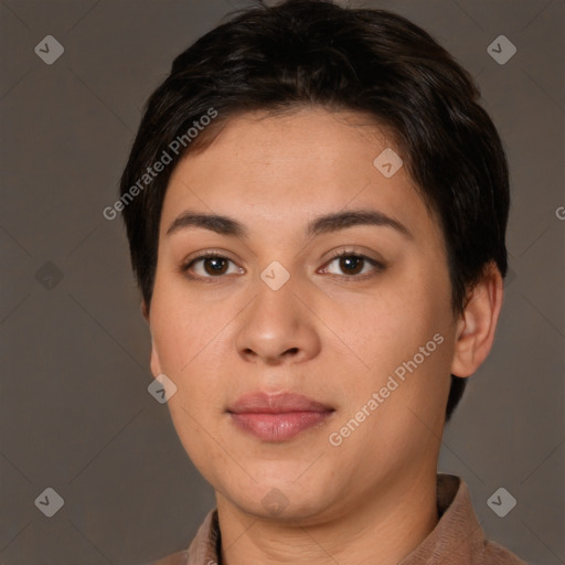 Neutral white young-adult female with short  brown hair and brown eyes