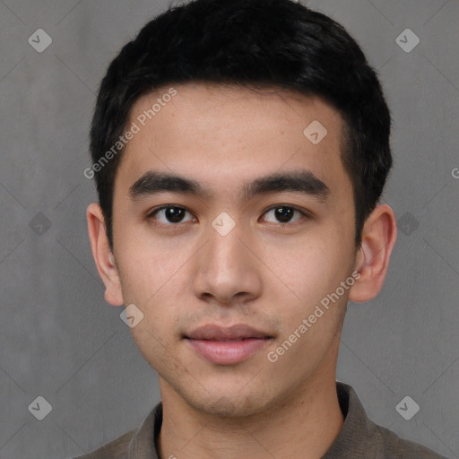 Neutral white young-adult male with short  black hair and brown eyes