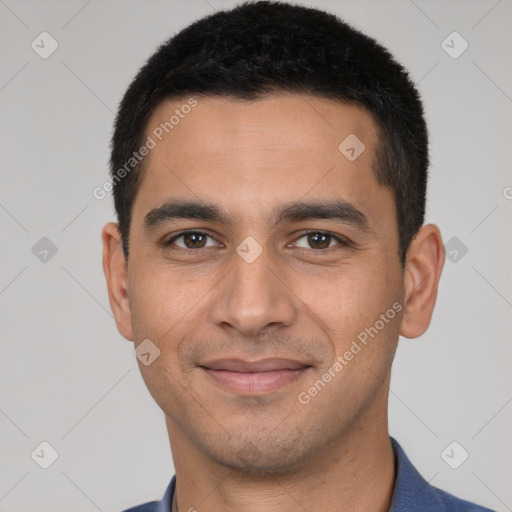 Joyful white young-adult male with short  black hair and brown eyes