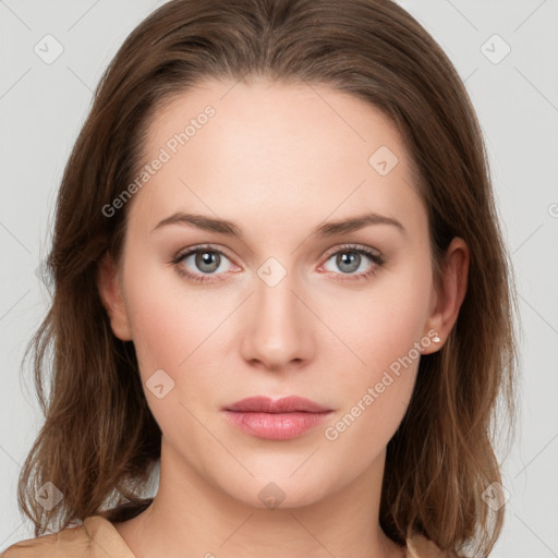 Neutral white young-adult female with medium  brown hair and grey eyes