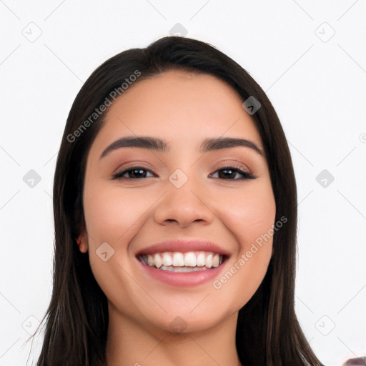 Joyful white young-adult female with long  black hair and brown eyes