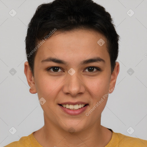 Joyful white young-adult female with short  brown hair and brown eyes