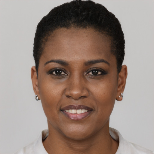 Joyful black young-adult female with short  black hair and brown eyes