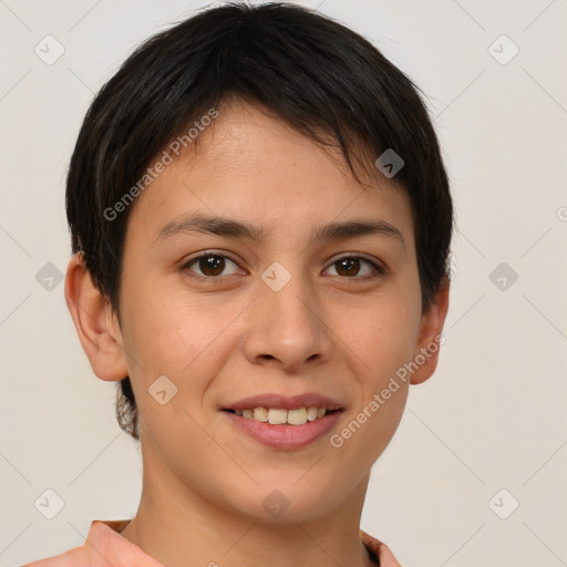 Joyful white young-adult female with short  brown hair and brown eyes