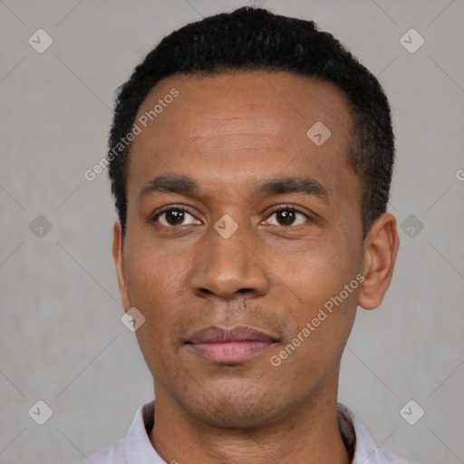 Neutral black young-adult male with short  black hair and brown eyes