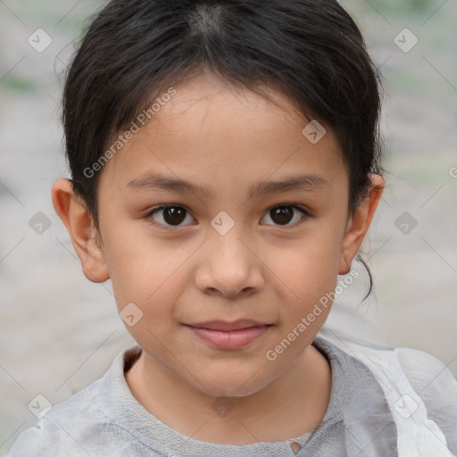 Joyful white child female with short  brown hair and brown eyes