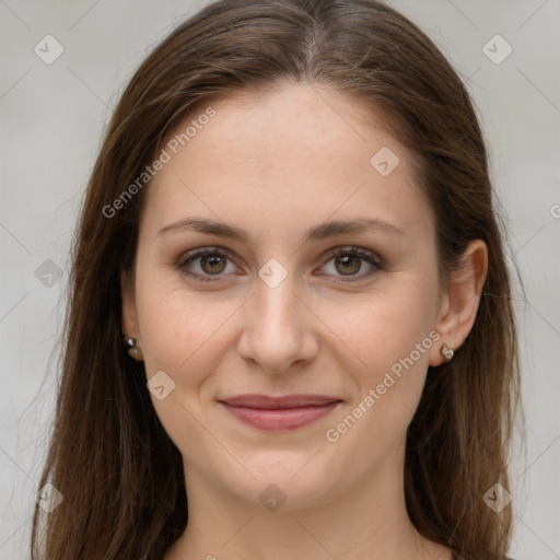 Joyful white young-adult female with long  brown hair and grey eyes