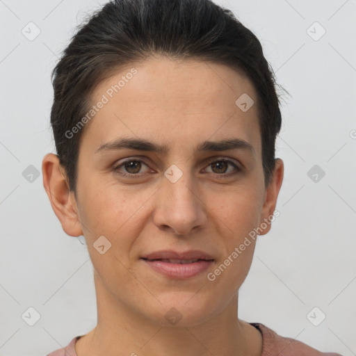 Joyful white young-adult female with short  brown hair and brown eyes