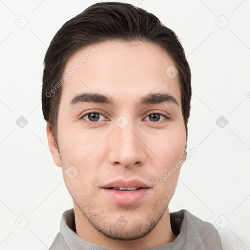 Neutral white young-adult male with short  brown hair and brown eyes