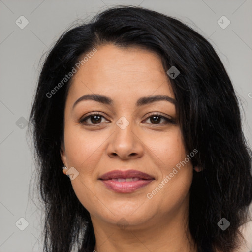Joyful asian young-adult female with medium  black hair and brown eyes