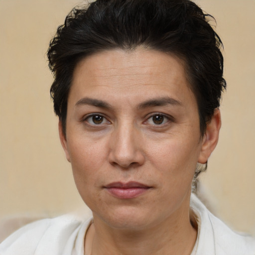 Joyful white adult female with short  brown hair and brown eyes