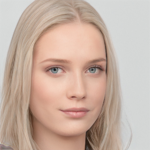 Neutral white young-adult female with long  blond hair and blue eyes