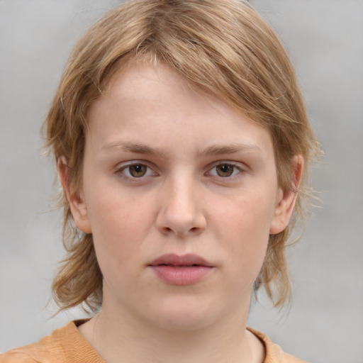 Neutral white young-adult female with medium  brown hair and grey eyes