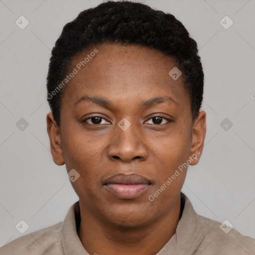 Neutral black young-adult female with short  black hair and brown eyes