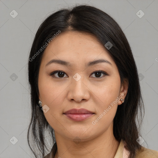 Joyful asian young-adult female with medium  brown hair and brown eyes