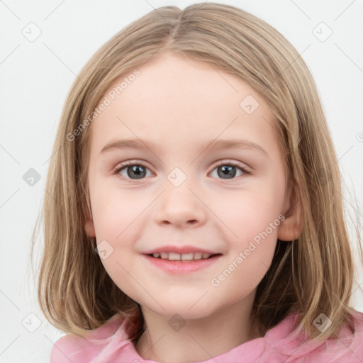 Joyful white child female with medium  brown hair and blue eyes