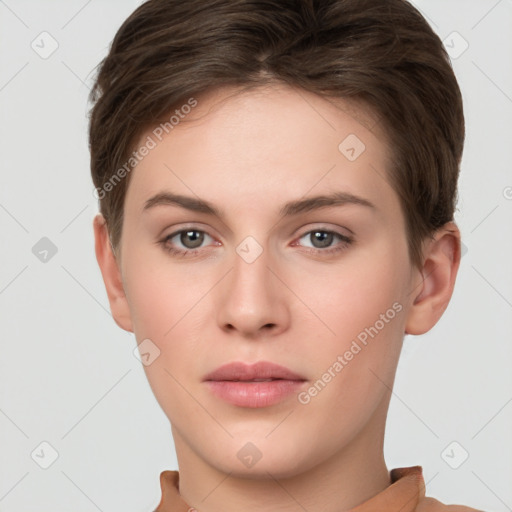 Neutral white young-adult female with short  brown hair and brown eyes