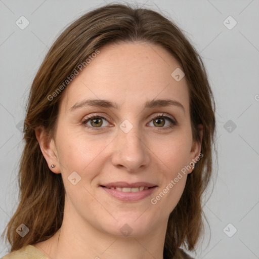 Joyful white young-adult female with medium  brown hair and green eyes