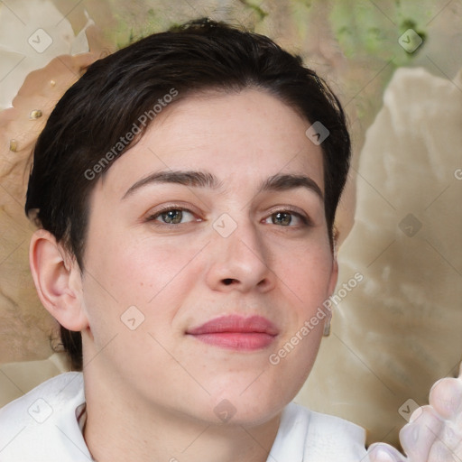 Neutral white young-adult female with medium  brown hair and brown eyes