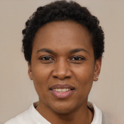 Joyful black young-adult female with short  black hair and brown eyes