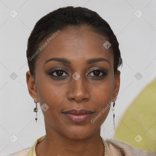 Neutral black young-adult female with short  brown hair and brown eyes