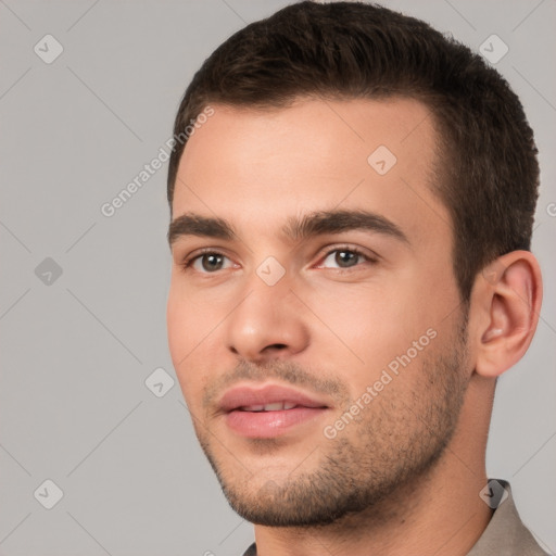 Neutral white young-adult male with short  brown hair and brown eyes