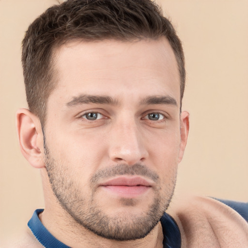 Neutral white young-adult male with short  brown hair and grey eyes