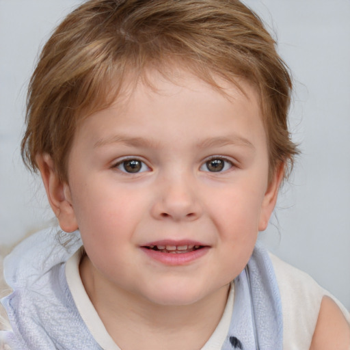 Joyful white child female with medium  brown hair and blue eyes