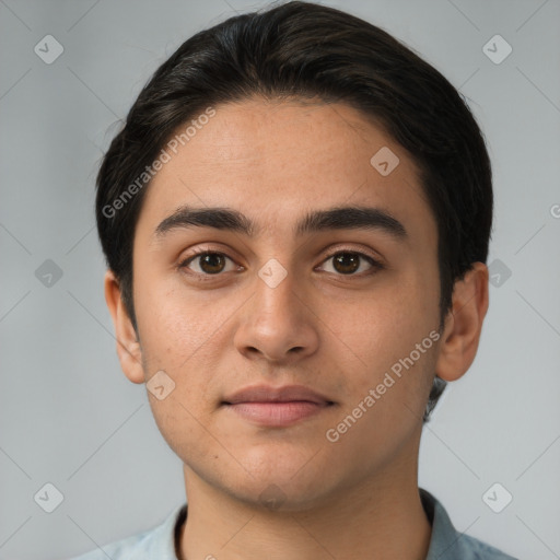 Neutral white young-adult male with short  brown hair and brown eyes