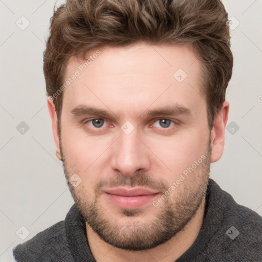 Neutral white young-adult male with short  brown hair and grey eyes