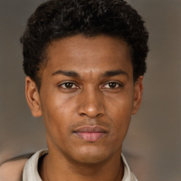 Joyful latino young-adult male with short  brown hair and brown eyes