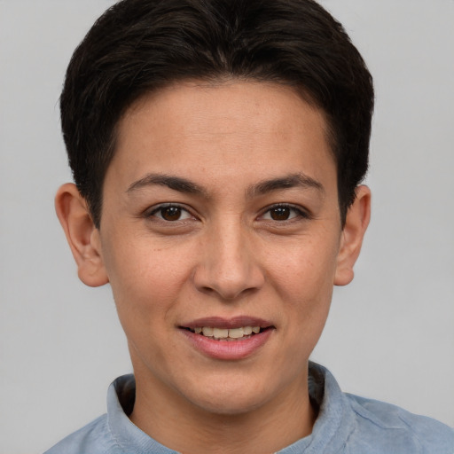 Joyful white young-adult female with short  brown hair and brown eyes