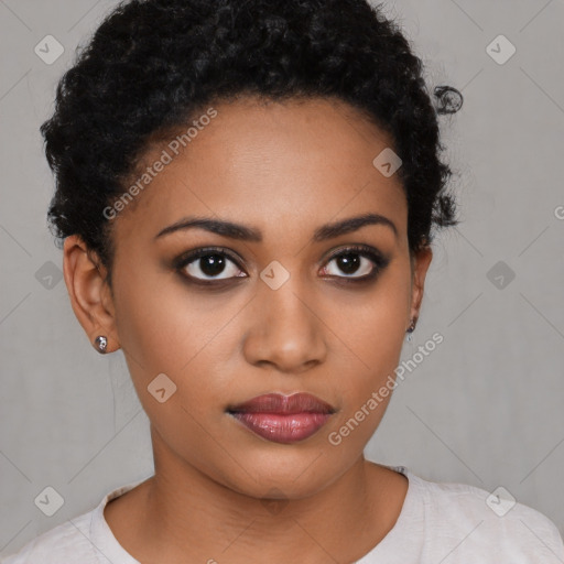 Neutral latino young-adult female with short  black hair and brown eyes