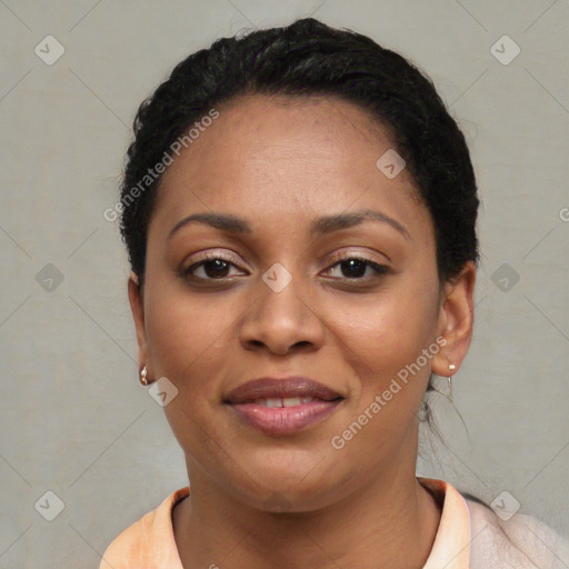 Joyful latino young-adult female with short  black hair and brown eyes