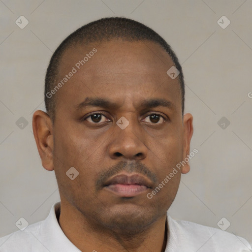 Neutral black adult male with short  brown hair and brown eyes
