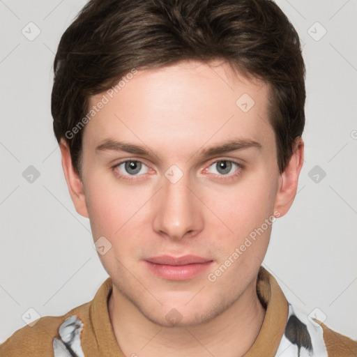 Neutral white young-adult male with short  brown hair and grey eyes