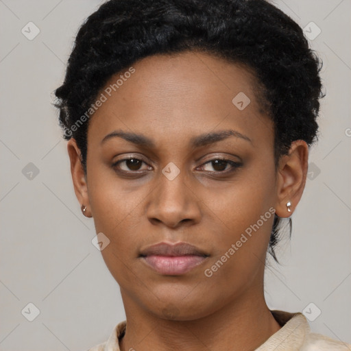 Neutral black young-adult female with short  black hair and brown eyes