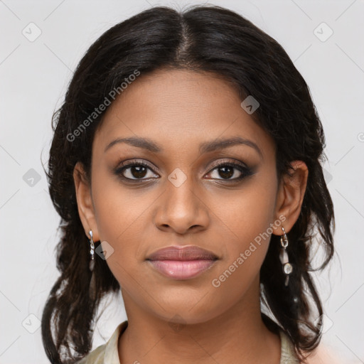 Joyful black young-adult female with medium  brown hair and brown eyes