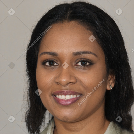 Joyful black young-adult female with medium  black hair and brown eyes