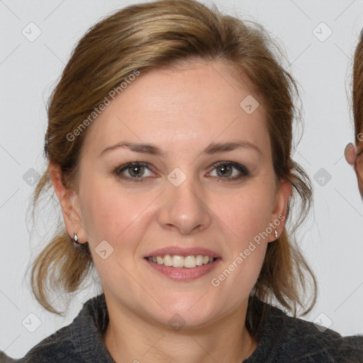 Joyful white young-adult female with medium  brown hair and blue eyes