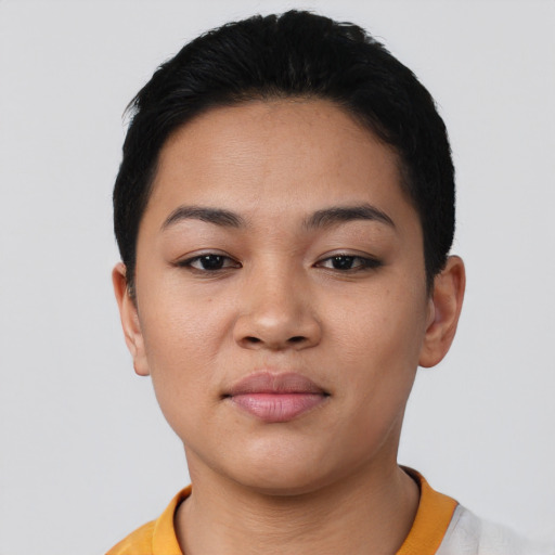 Neutral latino young-adult female with short  black hair and brown eyes