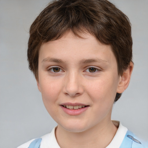 Joyful white child female with short  brown hair and brown eyes