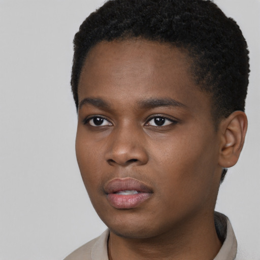 Neutral black young-adult male with short  black hair and brown eyes